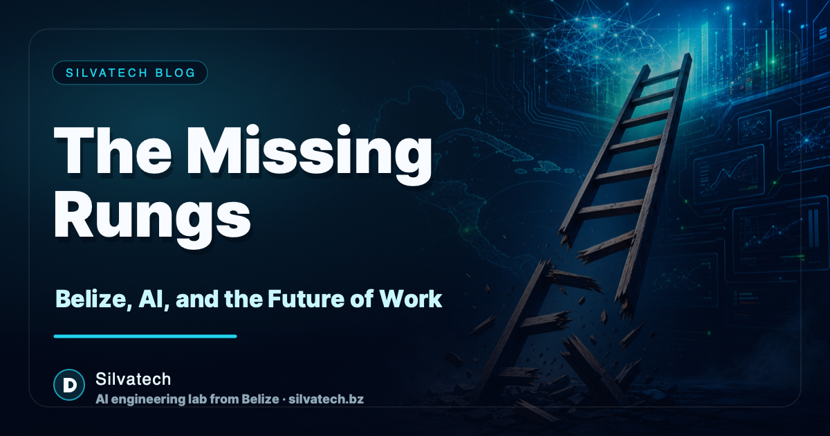 A broken ladder rising into an AI systems background for The Missing Rungs Silvatech article.